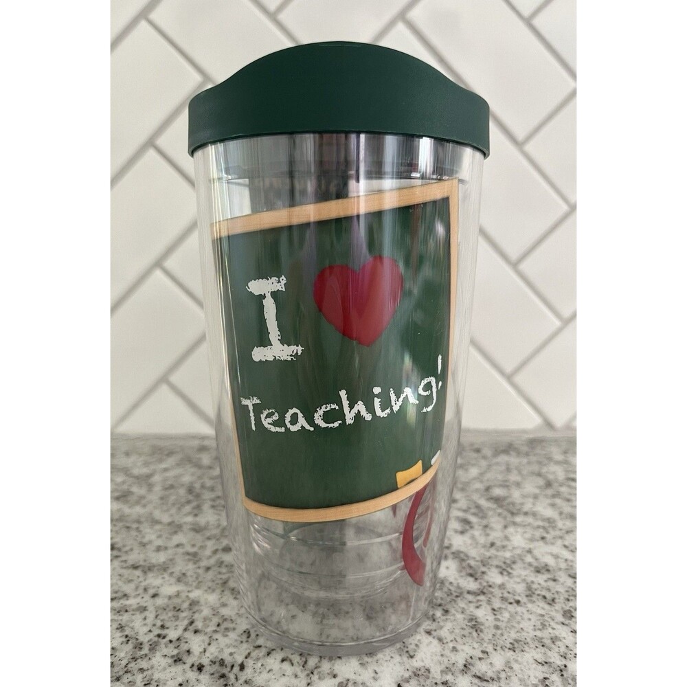 Tervis I Love Teaching Teacher Chalkboard 16 oz Tumbler Green Lid Made USA